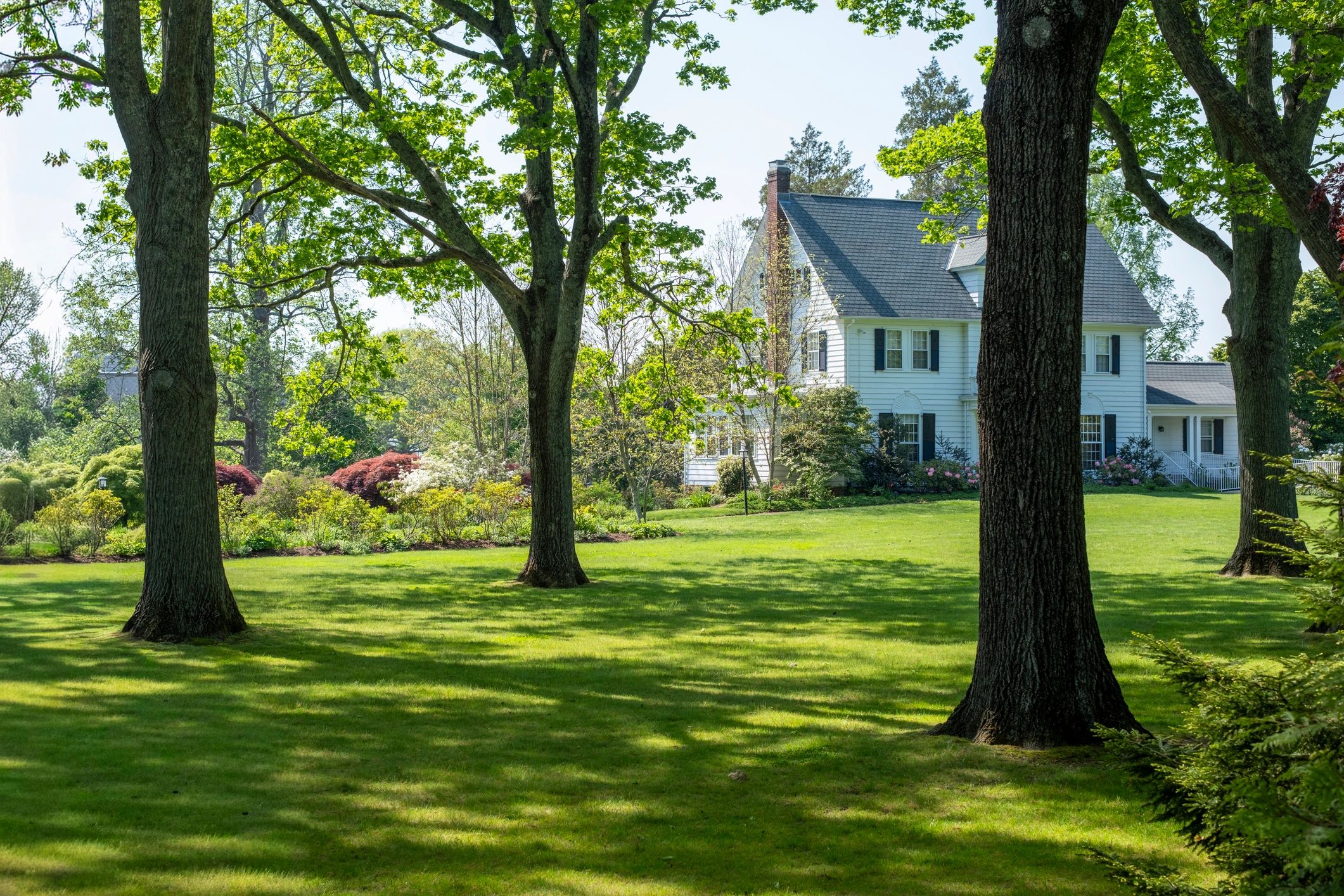 Luxury custom home exterior with expansive lawn